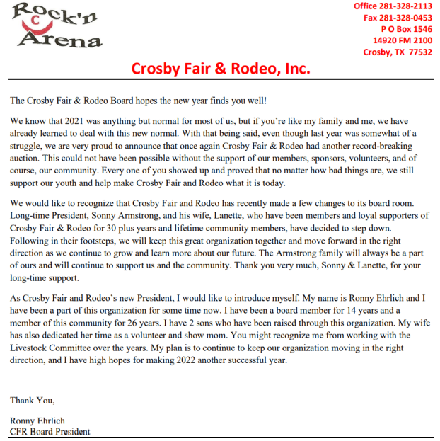 Crosby Fair and Rodeo Presidents Letter